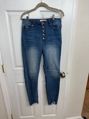 KanCan High-Rise Button-Fly Distressed Blue Jeans